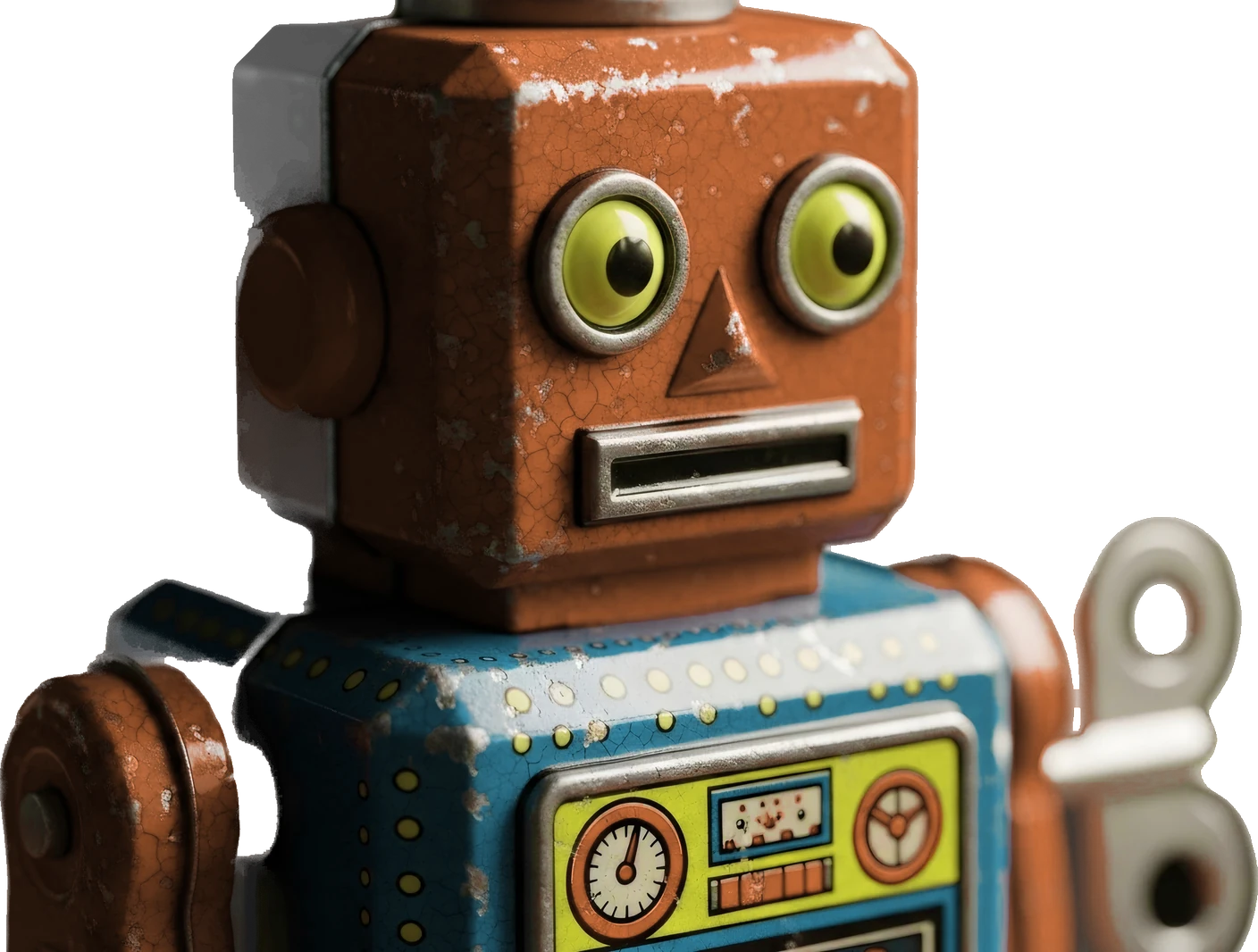 A tin wind-up robot with a chipped coral head and a teal body, seen close up.