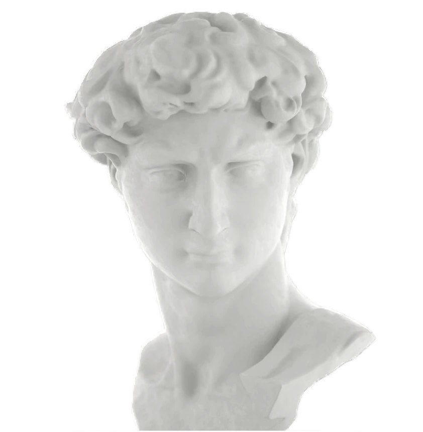 A marble bust cut away from its ground, coming apart into horizontal slices and settling back.
